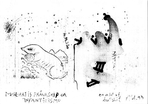 "Mehl-Art is frändship or infantilismo ..." Kopiertes Blatt mut Maulwurf und Nashorn, 1993