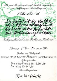 Einladung zur Ausstellung "Die Schönheit der Waffen..." bei Kolczynski 1992