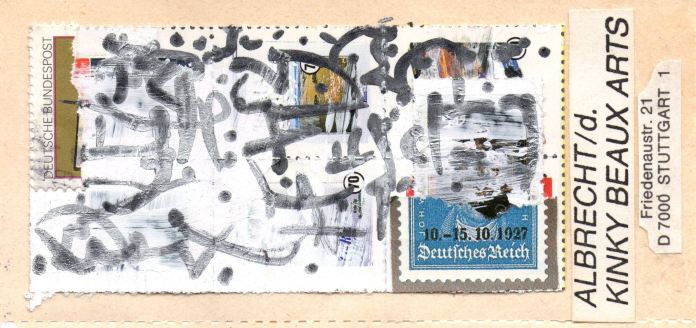 Selbstgestaltete Briefmarke (2) Teilweise verarbeitete Albrecht/d. Originalbriefmarken in unterschiedlicher Fragmentierung seine eigenen Kreationen ein.